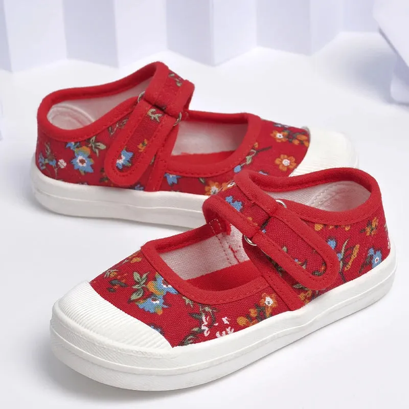 Children Summer Hard-wearing Squared Baby Shoes Girls Lovely Jogging Fashion Print Red Canvas ED7039