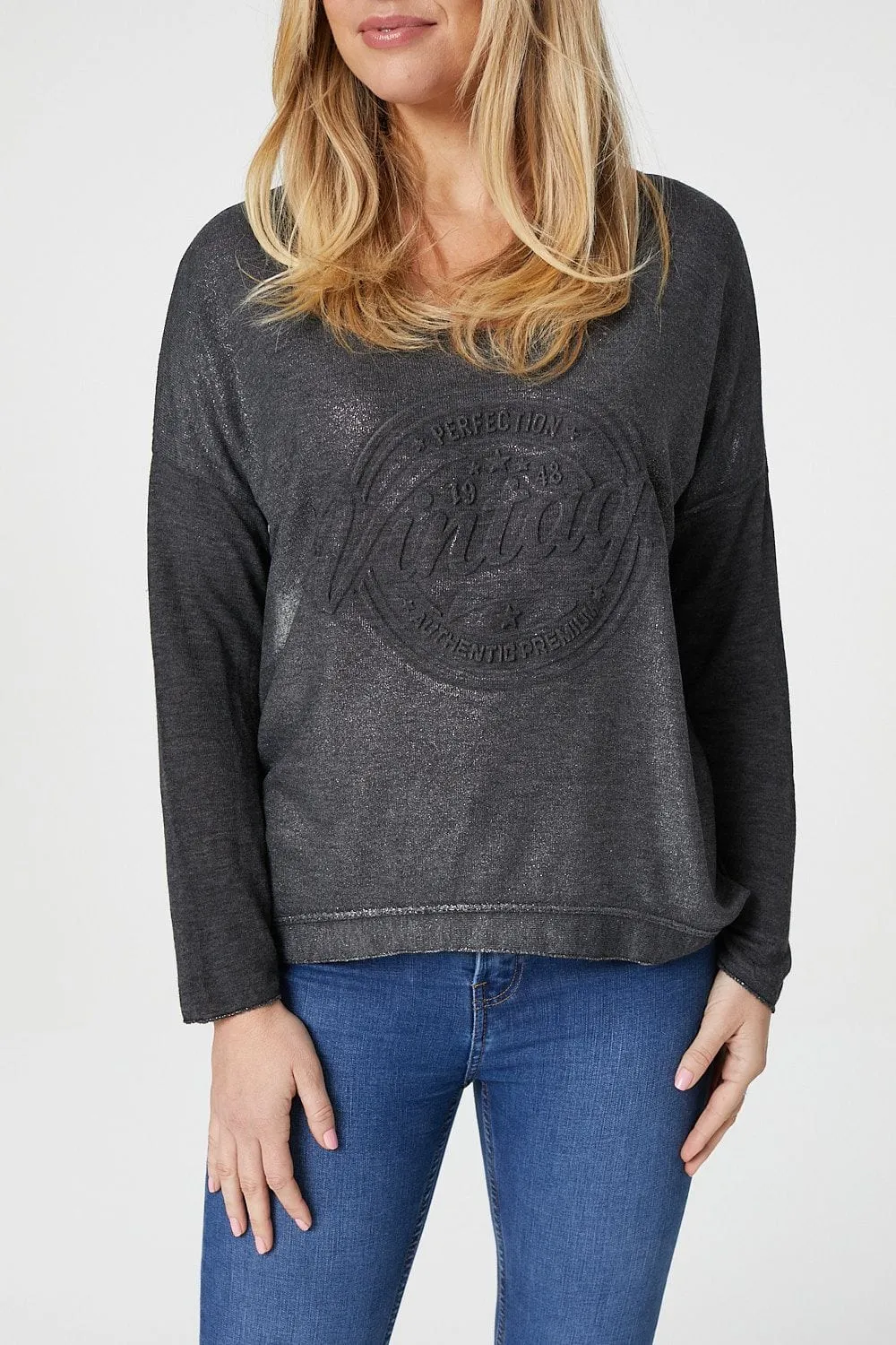 Embossed Logo Print Slouchy Top