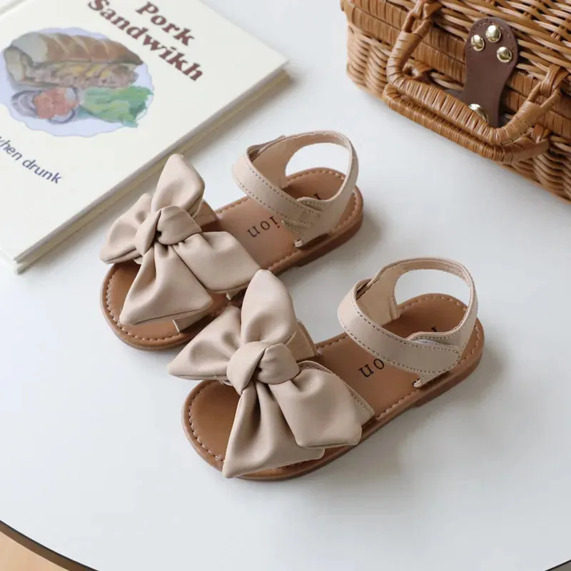 Girl's Summer Sandals Beautiful Pu Leather Open Toe Children Sliders 21-30 Toddler Hoo-loop Flexiable All-match Kids Flat Shoes