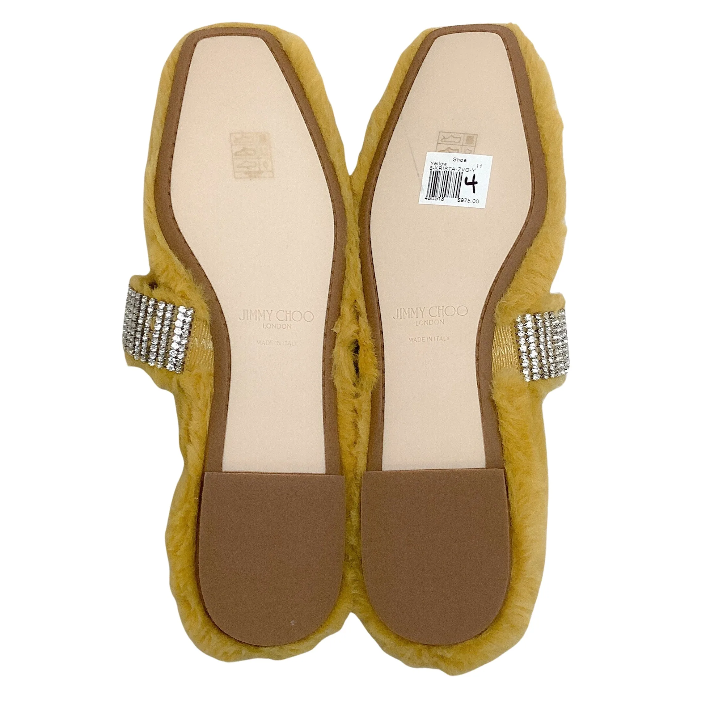 Jimmy Choo Yellow Faux Fur Krista Flats with Crystal Embellishments