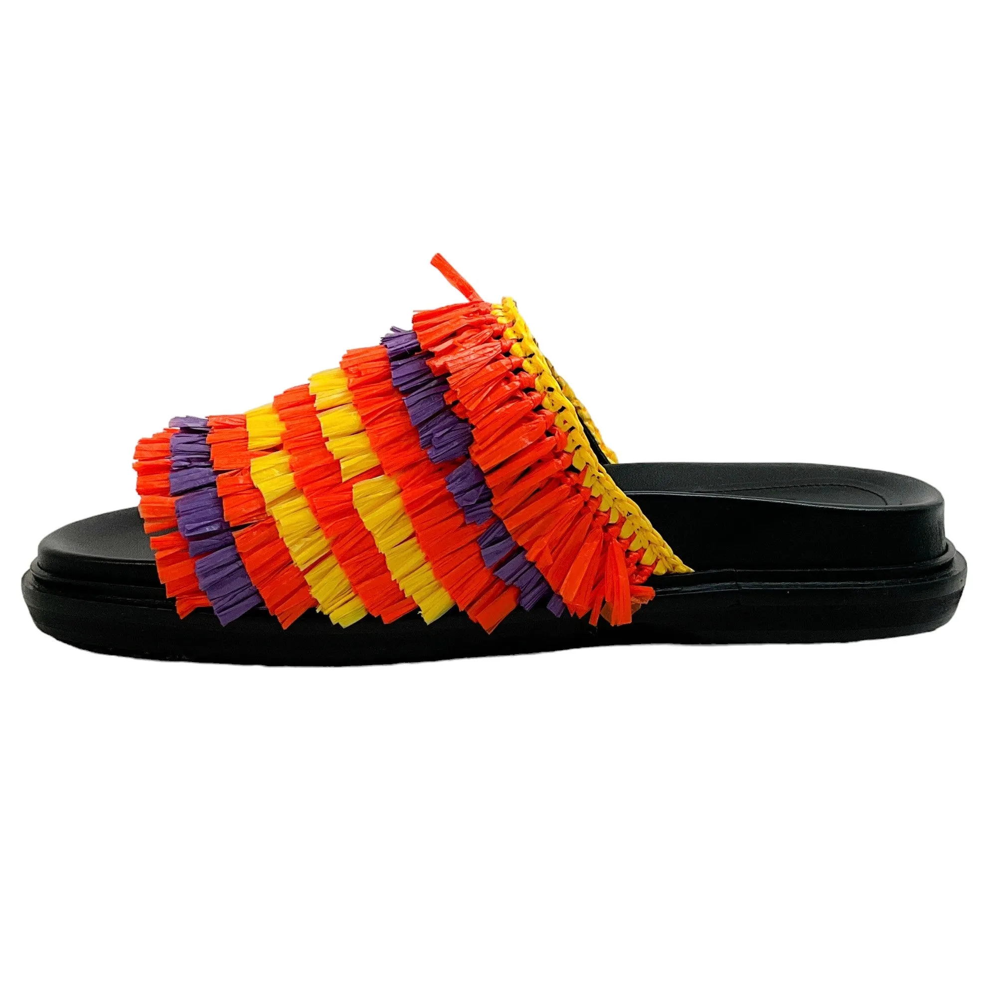 Marni Orange Multi Raffia Fringe Slide Sandals