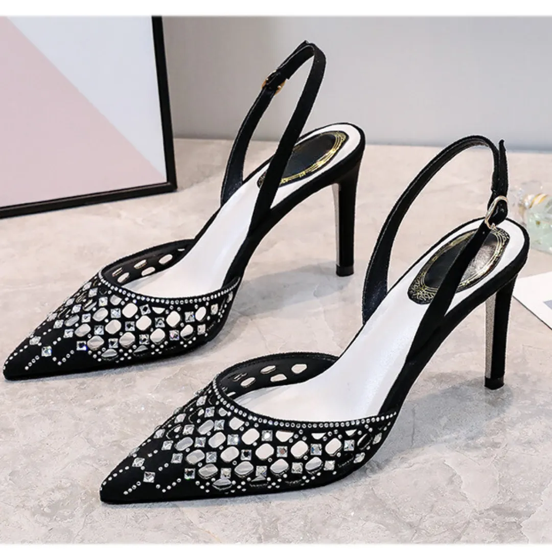 Pre Order:  Hollow Pointed Toe Rhinestone Stiletto Strap Sandals