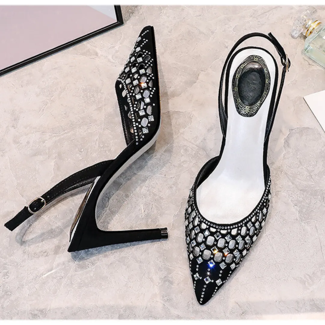 Pre Order:  Hollow Pointed Toe Rhinestone Stiletto Strap Sandals