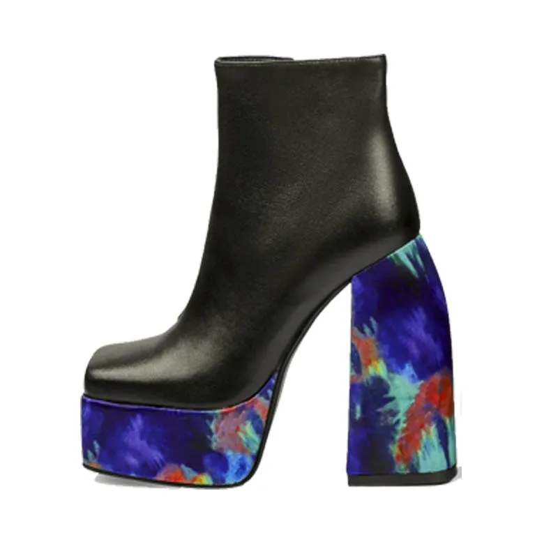 Printed Square Toe Platform Ankle Boots