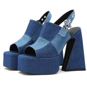 Spliced Denim High Heel Platform Sandals